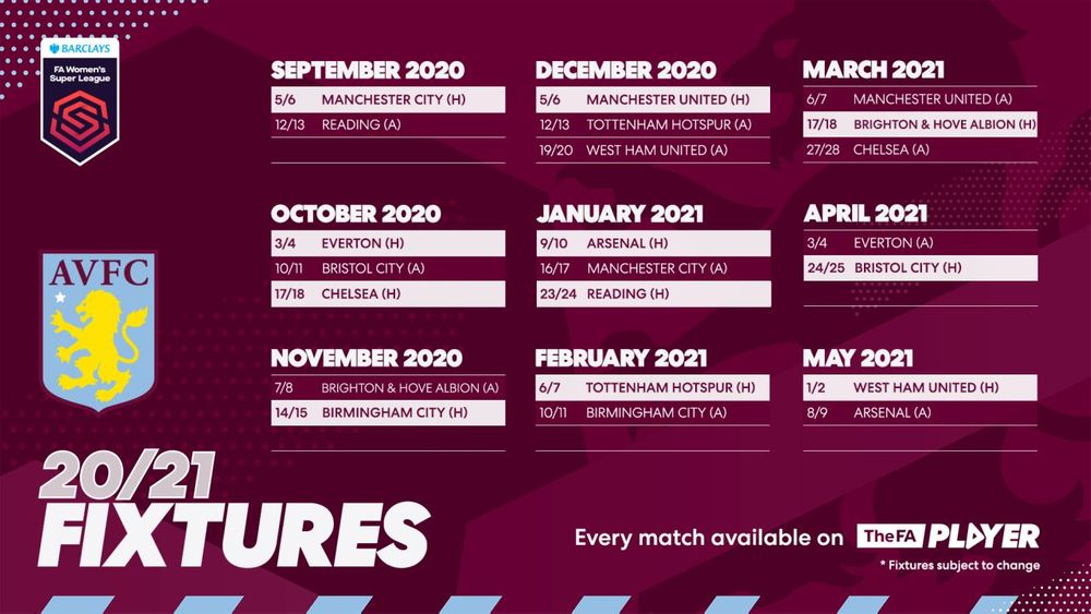 Confirmed Aston Villa Women's 2020/21 Women's Super League fixtures in